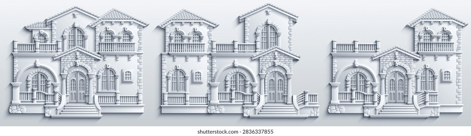 White paper cut style set of separate modular mediterranean houses. Vector 3D architectural collection of luxury villas with balconies, stairs and tiled roofs.