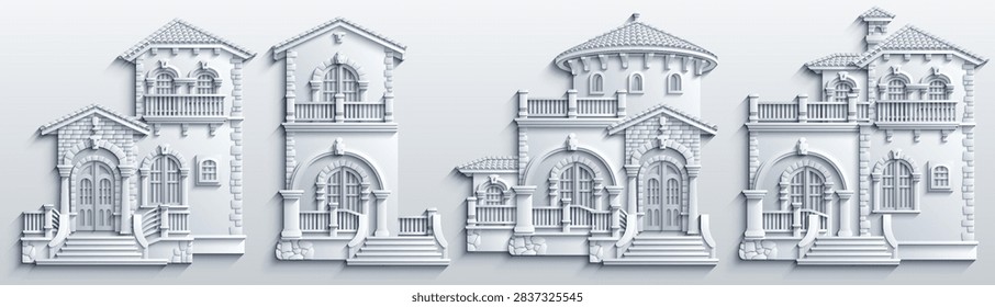 White paper cut style set of separate modular mediterranean houses. Vector 3D architectural collection of luxury villas with balconies, stairs and tiled roofs.