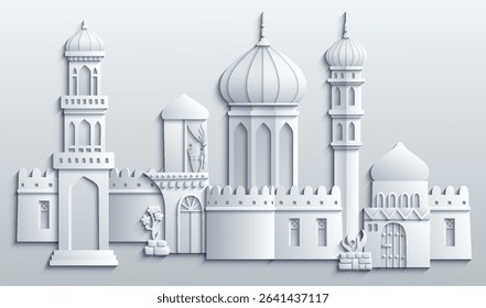 White paper cut style vector illustration of an oriental city with domes, towers, and minarets. Perfect for Arabian, Islamic, and fairytale themed designs