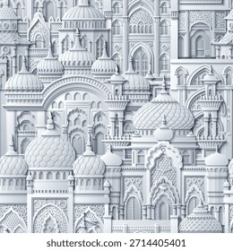 Papel branco corte estilo vetor sem emenda padrão de uma cidade oriental com cúpulas, torres e minaretes. Perfeito para projetos temáticos árabes, islâmicos e de contos de fadas. Não é IA