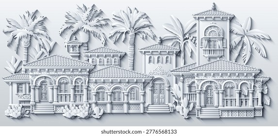 White paper cut style vector illustration of a luxury mediterranean villa with ornate balconies, terracotta roofs and tropical plants. Elegant 3D house design. Hand drawn, not AI