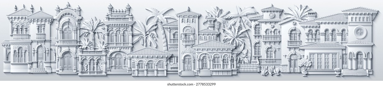 White paper cut style vector illustration of a luxury mediterranean villa with ornate balconies, terracotta roofs and tropical plants. Elegant 3D house design. Hand drawn, not AI