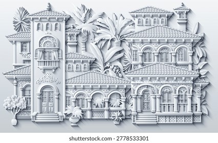 White paper cut style vector illustration of a luxury mediterranean villa with ornate balconies, terracotta roofs and tropical plants. Elegant 3D house design. Hand drawn, not AI