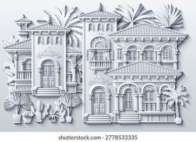 White paper cut style vector illustration of a luxury mediterranean villa with ornate balconies, terracotta roofs and tropical plants. Elegant 3D house design. Hand drawn, not AI