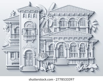 White paper cut style vector illustration of a luxury mediterranean villa with ornate balconies, terracotta roofs and tropical plants. Elegant 3D house design. Hand drawn, not AI