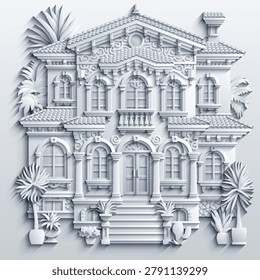 White paper cut style vector illustration of a luxury mediterranean villa with ornate balconies, terracotta roofs and tropical plants. Elegant 3D house design. Hand drawn, not AI