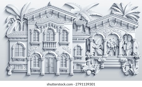 White paper cut style vector illustration of a luxury mediterranean villa with ornate balconies, terracotta roofs and tropical plants. Elegant 3D house design. Hand drawn, not AI