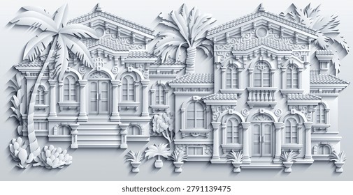 White paper cut style vector illustration of a luxury mediterranean villa with ornate balconies, terracotta roofs and tropical plants. Elegant 3D house design. Hand drawn, not AI
