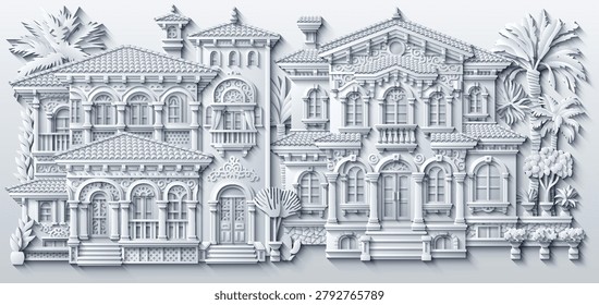 White paper cut style vector illustration of a luxury mediterranean villa with ornate balconies, terracotta roofs and tropical plants. Elegant 3D house design. Hand drawn, not AI