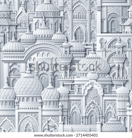 White paper cut style vector seamless pattern of an oriental city with domes, towers, and minarets. Perfect for Arabian, Islamic, and fairytale themed designs. Not AI