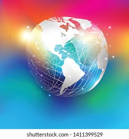 White paper cut style world map on abstract mesh sphere and glitter  put on colorful gradient background. EPS10, vector and illustration.America.