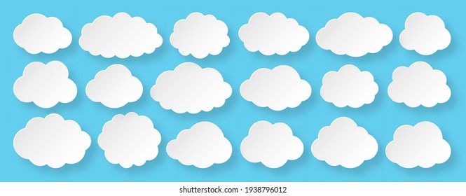 White paper cut vector cloud set. Clouds cartoon symbols on blue background with shadow for web site design, logo, weather forecast app. Message bubble icon collection for infographic design concept