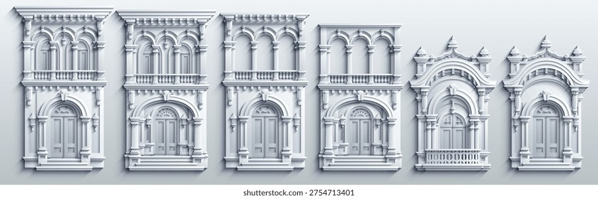 White paper cut vector set of colonial building facades. Minimalist 3D architectural elements with soft shadows, ornate windows and doors. Bas-relief style isolated on white. Hand drawn, not AI