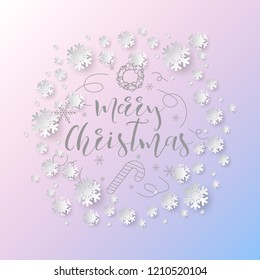 White paper cut of vector snowflake on gradient colours background with merry christmas phase text