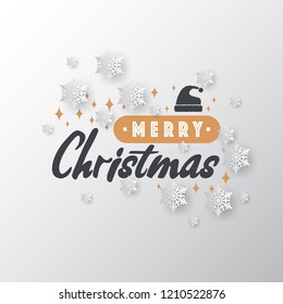 White paper cut of vector snowflake on white ornate background with merry christmas phase text