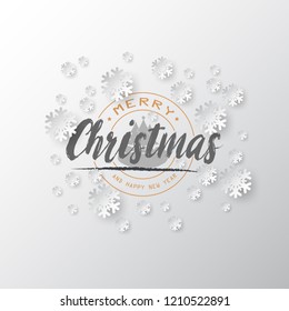 White paper cut of vector snowflake on white ornate background with merry christmas phase text