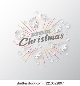 White paper cut of vector snowflake on white ornate background with merry christmas phase text
