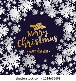White paper cut of vector snowflake on white ornate background with merry christmas phase text