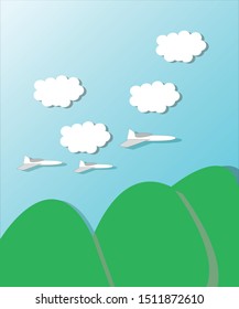 White paper cutting clouds and 3 planes. Modern 3D paper art style. Vector illustration of the sky