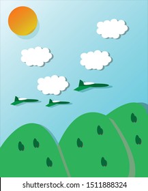 White paper cutting clouds and 3 planes. Modern 3D paper art style. Vector illustration of the sky