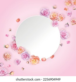 White paper cutting decorated with sweet roses blowing in the wind. Vector illustration background.