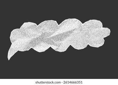 White paper dialogue bubble with crumpled texture on dark background. Notebook jagged edges gritty dots and halftone.