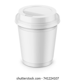 White Paper Disposable Cup With Sleeve And Glossy Plastic Lid For Hot Beverage Coffee, Tea, Espresso. 250 Ml. Realistic Packaging Mockup Template. High-angle View. Vector 3d Illustration.