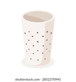 A white paper drinking cup with small black polka dots scattered across the surface and a plain background