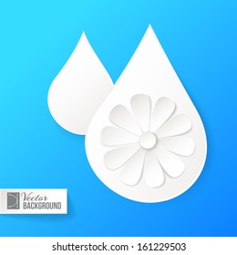 White paper drop and flower over blue. Vector illustration.