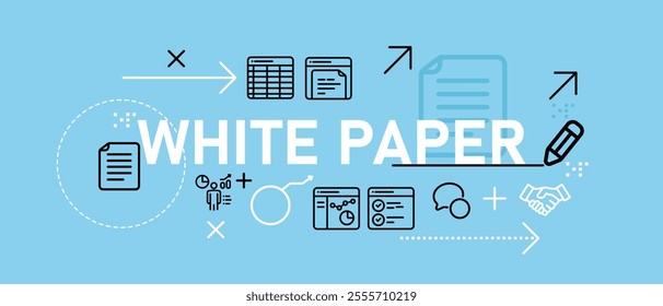 White paper e-book publication document on research and guideline web header illustration concept with icon flat bright blue color