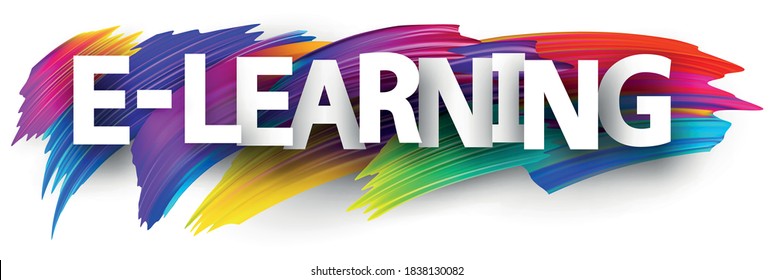 White paper e-learning sign over brush strokes background. Vector design element for web, banners, posters. Capital letters text.
