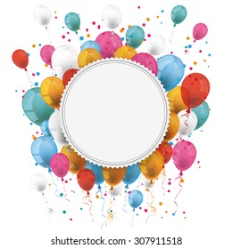 White paper emblem with colored balloons and confetti on the white. Eps 10 vector file.