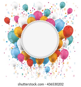 White paper emblem with colored balloons, letters, numbers and confetti on the white. Eps 10 vector file.