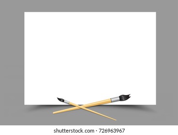 White paper empty template and paint brushes to educatoin drawing with shadow on gray background. Education lesson blank