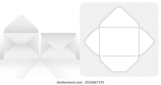 White paper envelope die cutting with shadow on transparent isolated white backgrounds Template for your message, packaging branding, products compartments unique designs, minimalist conceptual holder