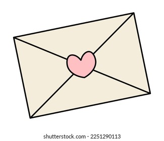 A white paper envelope with a message. Love letter with pink heart stamp. Color vector illustration. Cartoon style. Isolated background. 