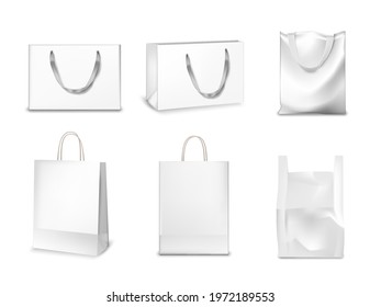 White paper and fabric bags set. Blank gift or shopping packages with handles vector illustration. Realistic commercial store cloth textile and carton bags on white background.