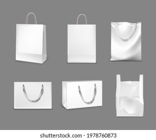 White paper and fabric bags set. Blank gift or shopping packages with handles vector illustration. Realistic commercial store cloth textile and carton bags on gray background.