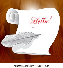 White paper, feather pen, on a wooden background. Vector