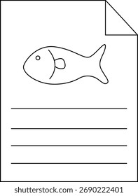 A white paper featuring a simple fish drawing lines for writing and a folded topright corner