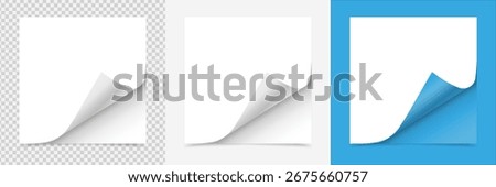 White paper file or folder mockup. Curled-corner stickers, note paper. A4 size paper mock up on isolated on white background. 3D illustration