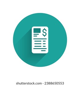 White Paper or financial check icon isolated with long shadow background. Paper print check, shop receipt or bill. Green circle button. Vector
