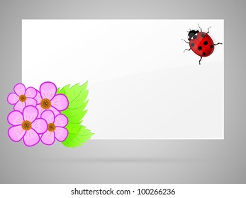 White paper with flowers and ladybird. Vector illustration.
