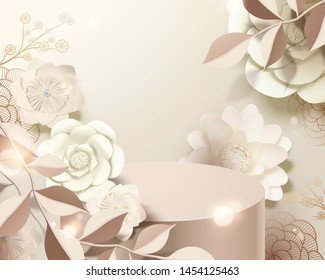 White paper flowers and podium in 3d illustration
