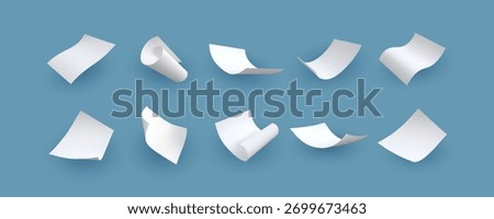 White paper flying. Realistic fly paper sheet. Curled page blank with shadow. Letter or note mockup floating in air. Vector illustrations set isolated. Dynamic scattered document