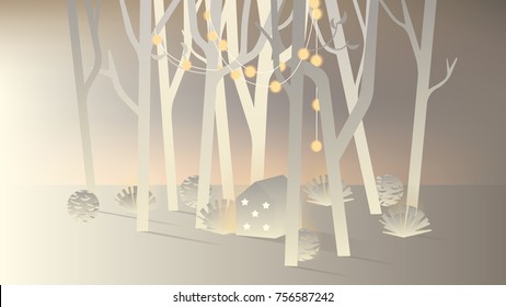 White paper forest and small house decorated with glowing Christmas lights