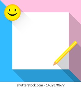 white paper frame background blank on pink blue pastel colors, smiley face badge and pencil on paper empty for copy space, square paper note white flat lay top view pastel colors for banner background