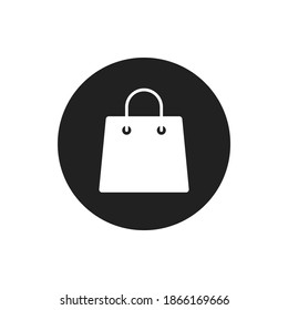 White paper gift bag flat vector icon isolated on black circle as buy symbol for online retail shop. Fashion store sale present tag for label or add button. Supermarket shopping black white basket V1