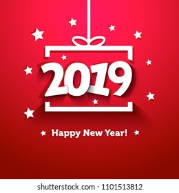 White paper gift box with 2019 New Year greeting card. Useful for Happy New Year or Happy Christmas background.