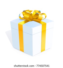 White paper gift box with a gold curly bow. Vector 3d realistic present, tied with a glossy foil ribbon. Festive detailed icon of gift on a white background. Isolated object with a light bluish shadow